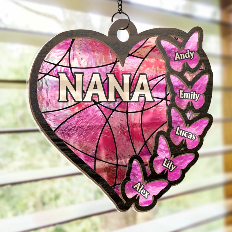 Custom Window Hanging Suncatcher Ornament - Personalized Mother's Day Birthday Gifts For Mom, Grandma - Nana’s Heart Belongs Here