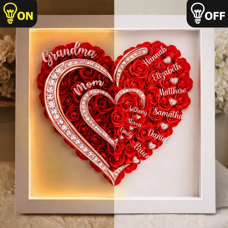 Custom Flower Shadow Box With LED Light - Personalized Mother's Day Birthday Gifts For Mom, Grandma - A Heart That Sparkles With Love