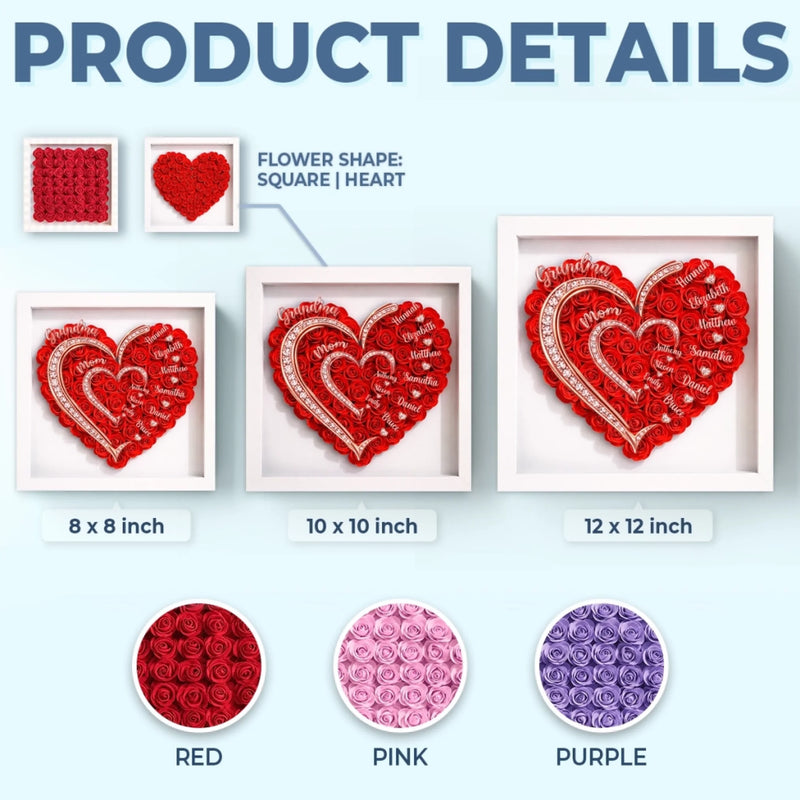 Custom Flower Shadow Box With LED Light - Personalized Mother's Day Birthday Gifts For Mom, Grandma - A Heart That Sparkles With Love
