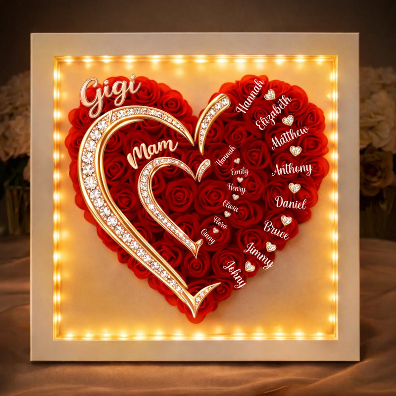 Custom Flower Shadow Box With LED Light - Personalized Mother's Day Birthday Gifts For Mom, Grandma - A Heart That Sparkles With Love