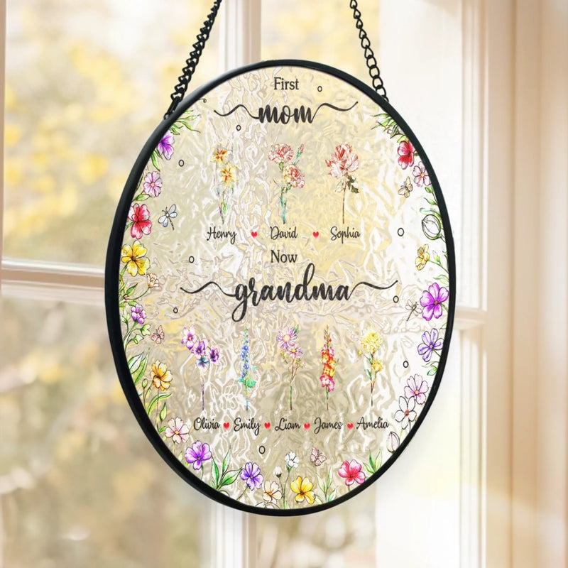 Custom Stained Glass Window Hanging Suncatcher - Personalized Mother's Day Gifts For Mom, Grandma - Two Generations One Love