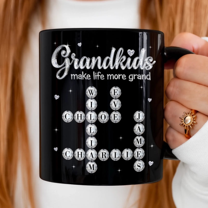Custom Scrabble Black Mug - Personalized Mother's Day Birthday Gifts For Mom, Grandma - Happiness Is Grandkids