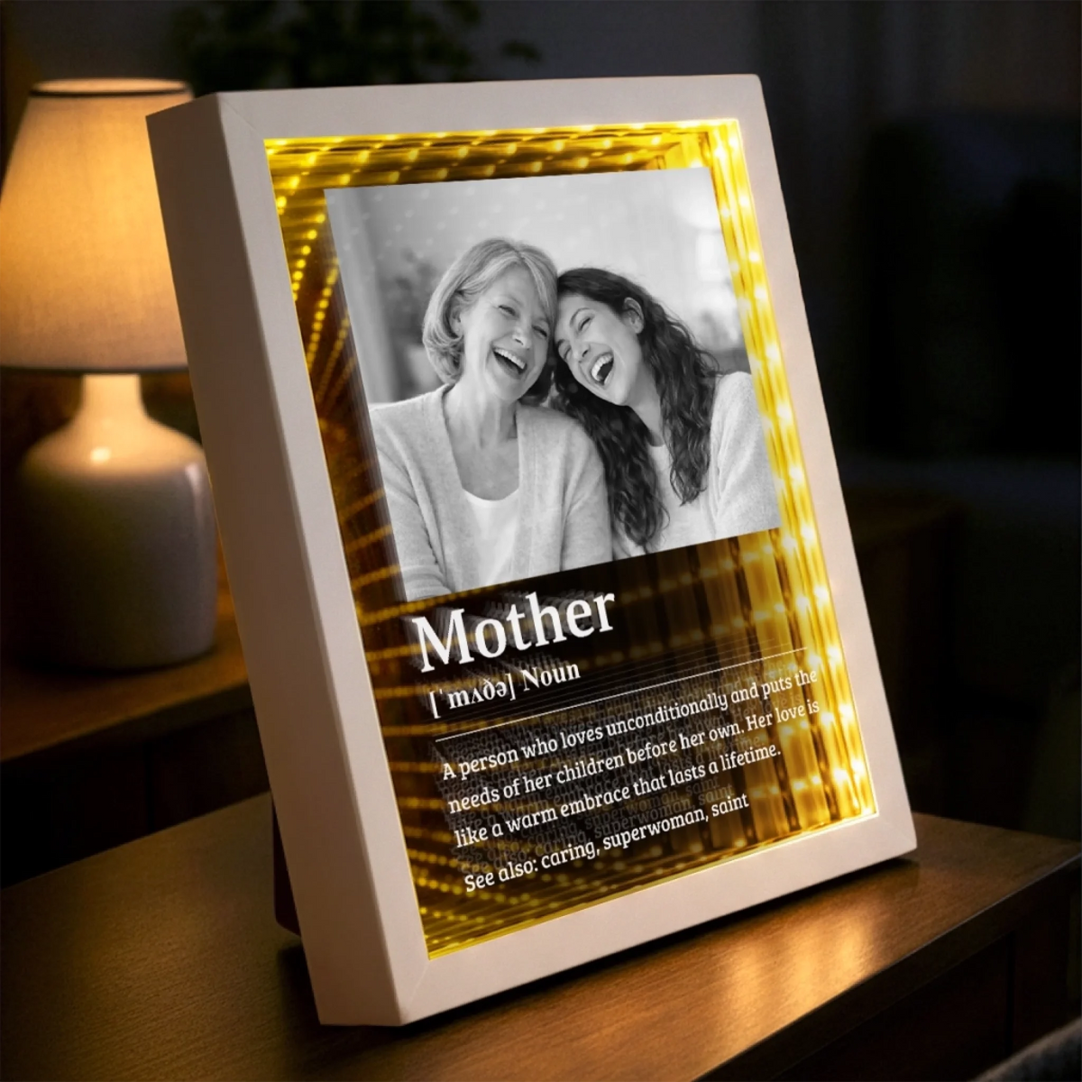 Custom Photo Infinity Mirror Light Box - Personalized Mother's Day Birthday Gifts For Mom - Mom Means Everything