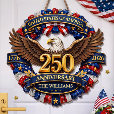 Custom Wood Sign - Personalized America 250th Anniversary Gifts For Mom, Dad, Brother, Sister, Kids - Strength Forged Through Time