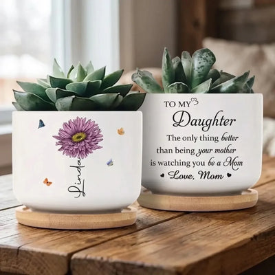 Her Love Blooms In Every Season - Family Personalized Custom Home Decor Ceramic Plant Pot - Mother's Day, House Warming Gift For Mom, Daughter