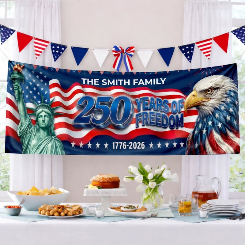 Custom Polyester Outdoor Banner - Personalized America 250th Anniversary Gifts For Mom, Dad, Brother, Sister, Kids - Built On Strength And Honor