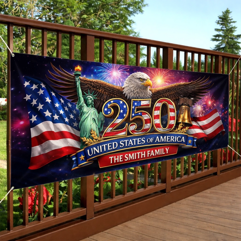 Custom Polyester Outdoor Banner - Personalized America 250th Anniversary Gifts For Mom, Dad, Brother, Sister, Kids - Freedom Starts At Home