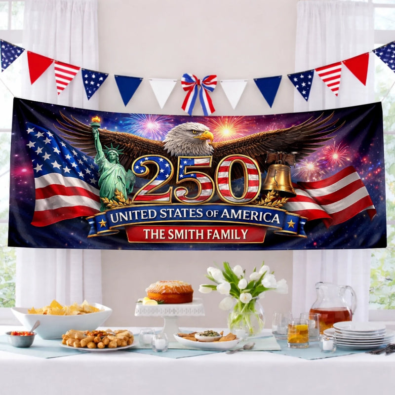 Custom Polyester Outdoor Banner - Personalized America 250th Anniversary Gifts For Mom, Dad, Brother, Sister, Kids - Freedom Starts At Home