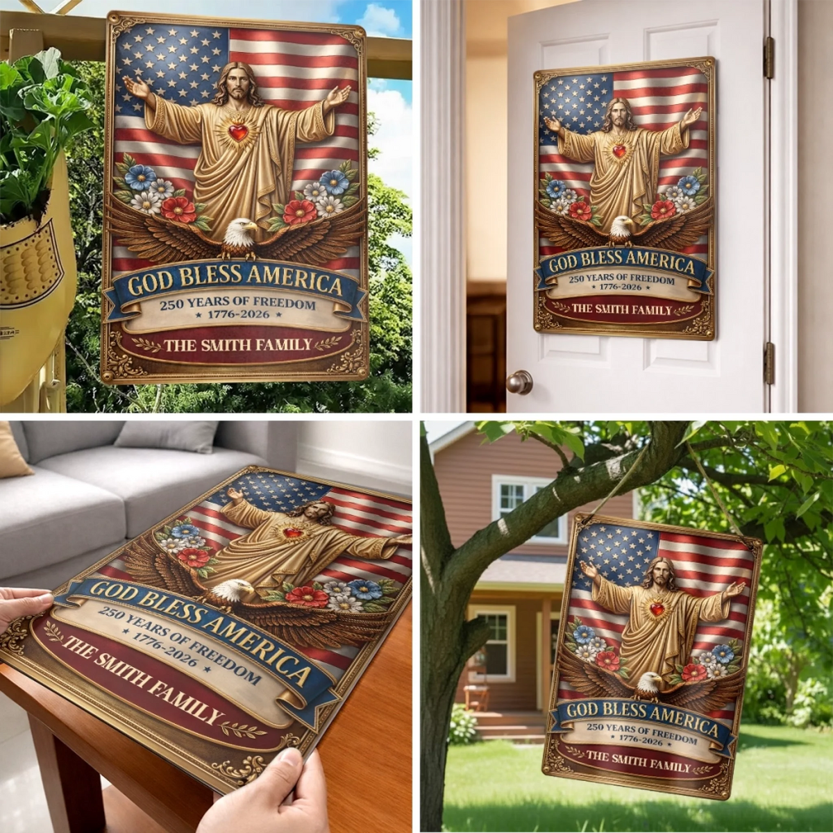 Custom Home Decor Metal Sign - Personalized America 250th Anniversary Gifts For Mom, Dad, Brother, Sister, Kids - Built On Freedom, Led By Love
