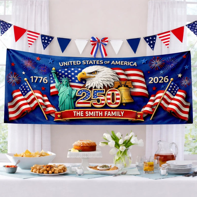 Custom Polyester Outdoor Banner - Personalized America 250th Anniversary Gifts For Mom, Dad, Brother, Sister, Kids - Together In Freedom