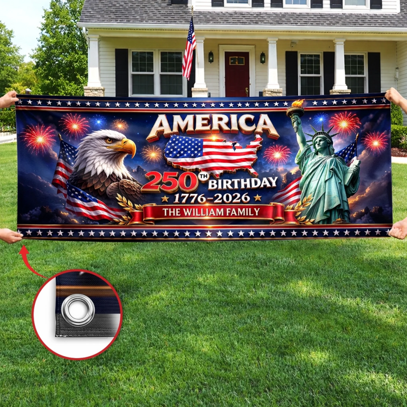 Custom Polyester Outdoor Banner - Personalized America 250th Anniversary Gifts For Mom, Dad, Brother, Sister, Kids - United In Freedom