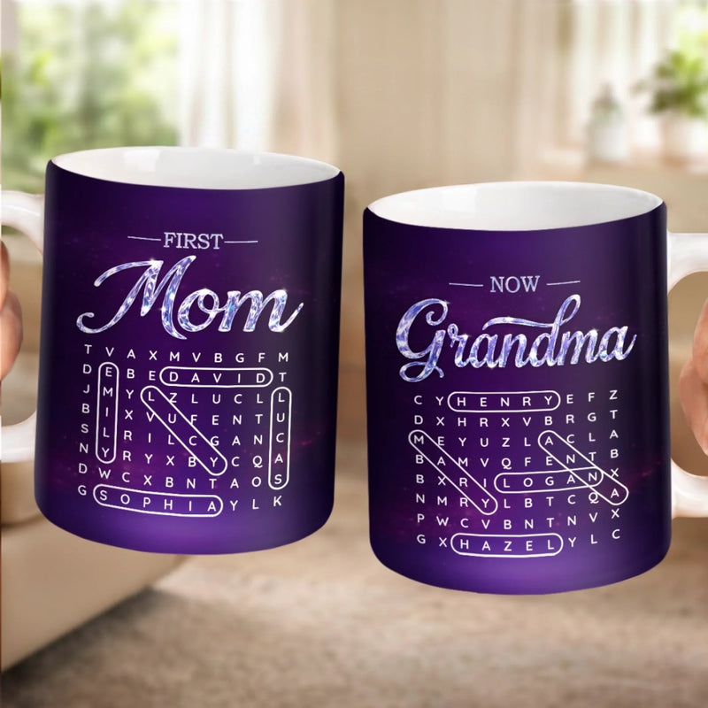 Custom Word Search Puzzle Mug - Personalized Mother's Day Birthday Gifts For Mom, Grandma - Mom First, Grandma Forever