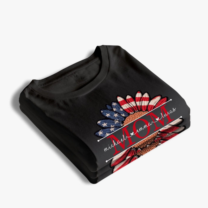Custom Faux Embroidery Unisex T-shirt, Premium T-shirt, Hoodie - Personalized Mother's Day Birthday Gifts For Mom, Grandma - Patriotic Petals, Mama Pride