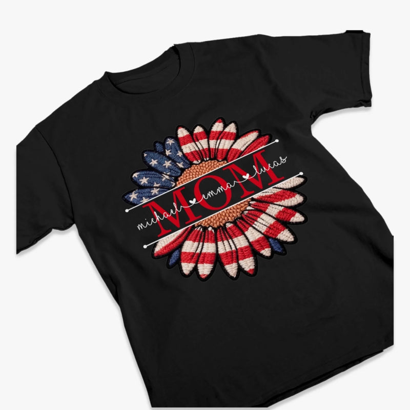Custom Faux Embroidery Unisex T-shirt, Premium T-shirt, Hoodie - Personalized Mother's Day Birthday Gifts For Mom, Grandma - Patriotic Petals, Mama Pride