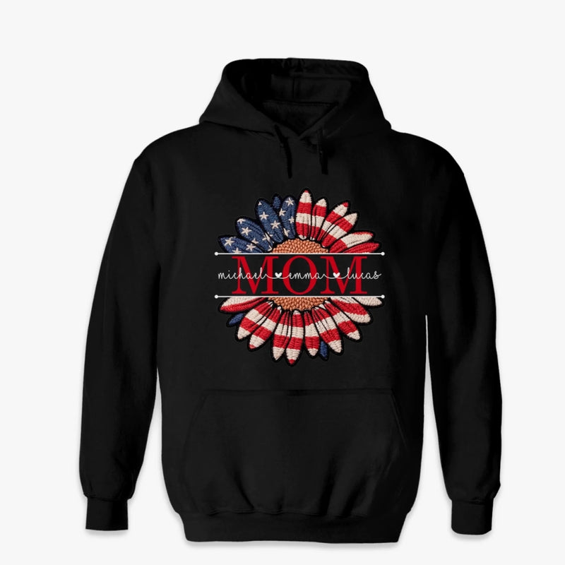 Custom Faux Embroidery Unisex T-shirt, Premium T-shirt, Hoodie - Personalized Mother's Day Birthday Gifts For Mom, Grandma - Patriotic Petals, Mama Pride