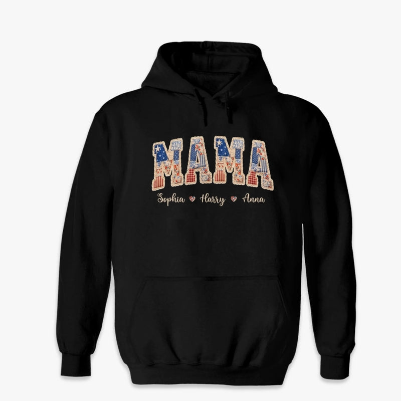 Custom Faux Embroidery Unisex T-shirt, Premium T-shirt, Hoodie - Personalized Mother's Day Birthday Gifts For Mom, Grandma - Stars, Stripes And Mama Love