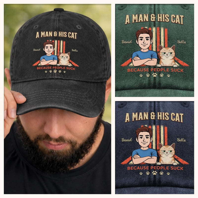 Custom Vintage Washed Denim Baseball Cap - Personalized Birthday Gifts For Cat Lovers, Cat Mom And Dad - My Cat Is My Boss