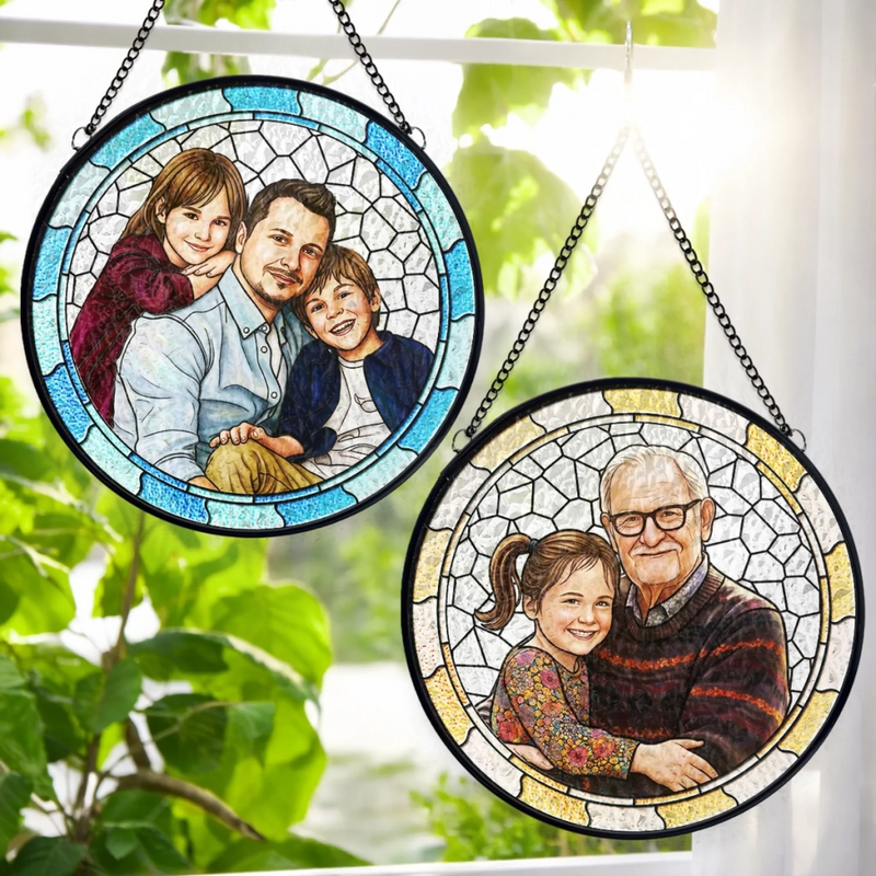 Custom Photo Stained Glass Window Hanging Suncatcher - Personalized Father's Day Birthday Gifts For Dad, Grandpa - Dad Always Leads With Love