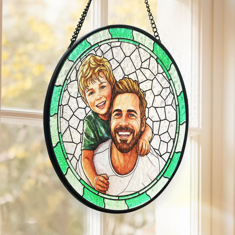 Custom Photo Stained Glass Window Hanging Suncatcher - Personalized Father's Day Birthday Gifts For Dad, Grandpa - Dad Always Leads With Love