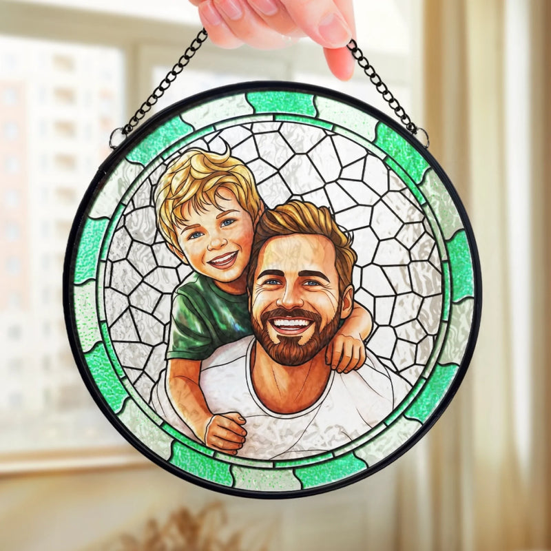 Custom Photo Stained Glass Window Hanging Suncatcher - Personalized Father's Day Birthday Gifts For Dad, Grandpa - Dad Always Leads With Love