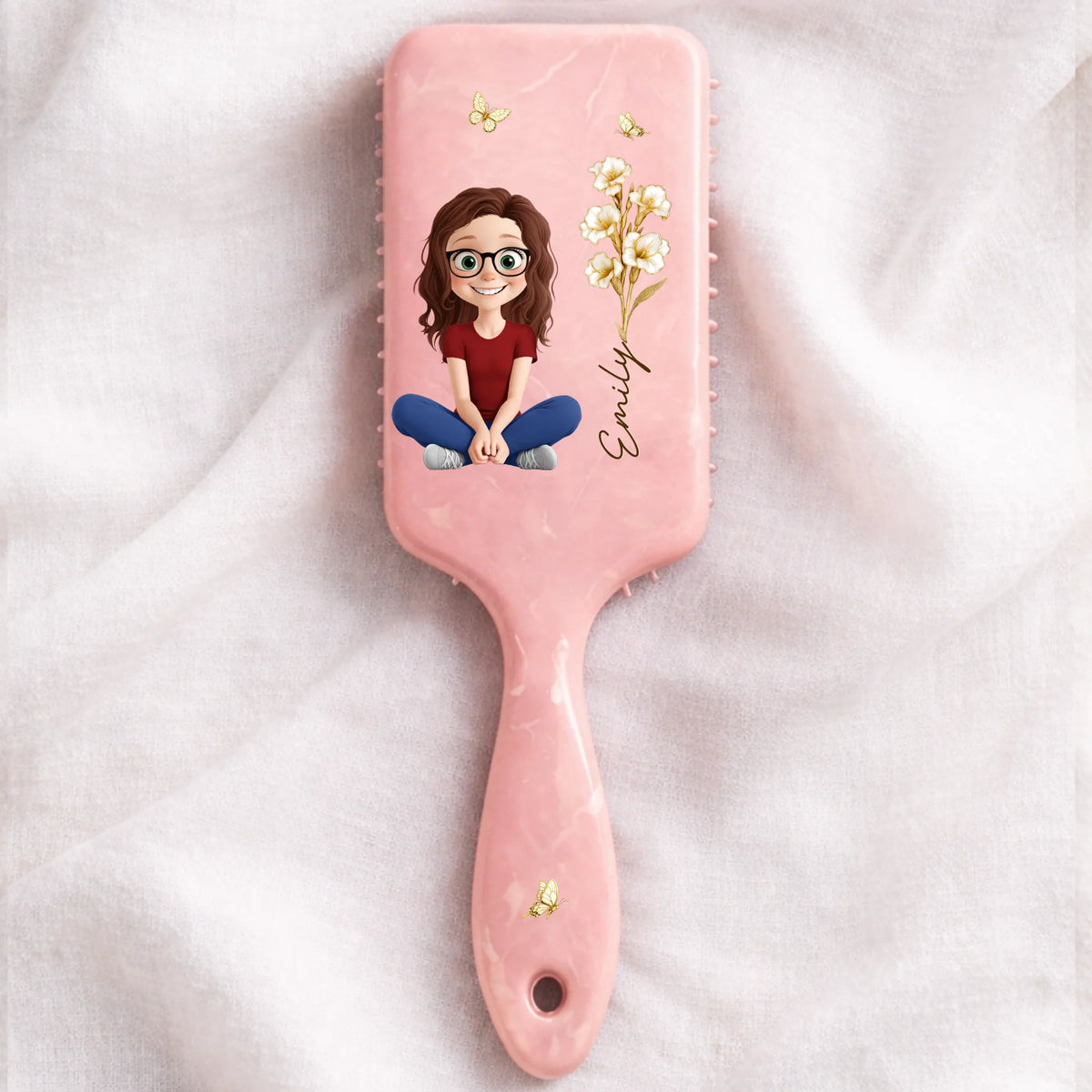Custom Birth Month Flower Paddle Hair Brush - Personalized Thank You Birthday Gifts For Her, Friends, Sisters, Daughters, Mother, Bridesmaid - Butterflies, Blooms And Beauty