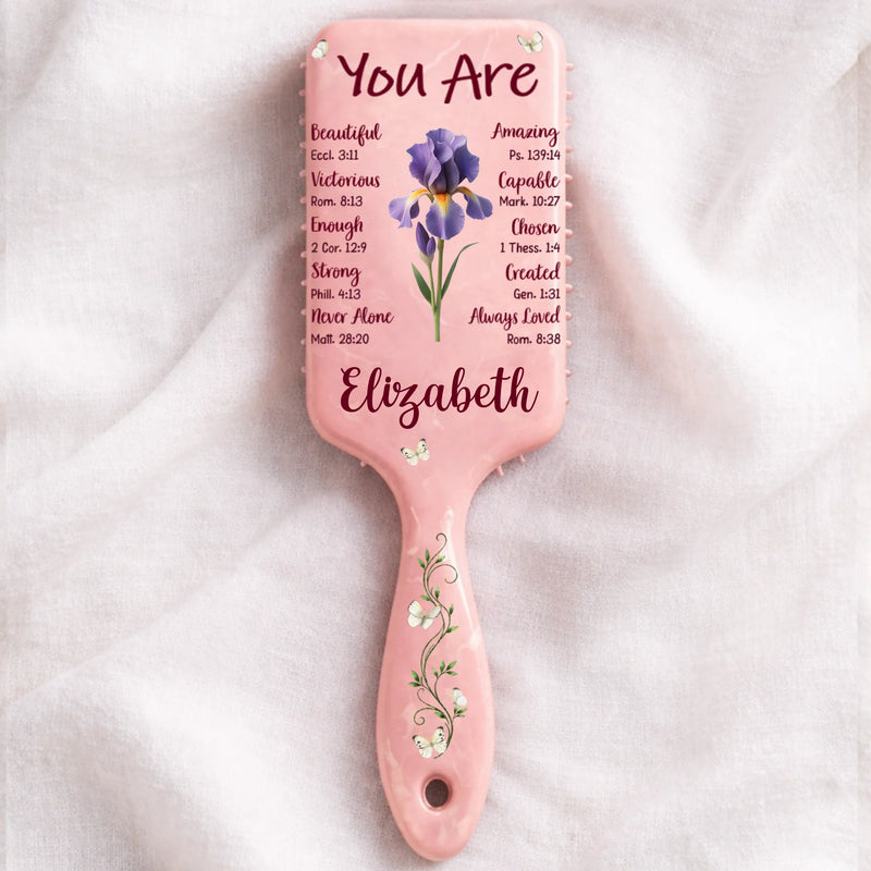 Custom Birth Month Flower Paddle Hair Brush - Personalized Affirmation Gifts For Women, Besties, Sisters, BFF - Gentle, Strong And Chosen