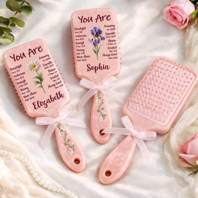 Custom Birth Month Flower Paddle Hair Brush - Personalized Affirmation Gifts For Women, Besties, Sisters, BFF - Gentle, Strong And Chosen