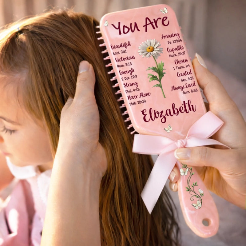 Custom Birth Month Flower Paddle Hair Brush - Personalized Affirmation Gifts For Women, Besties, Sisters, BFF - Gentle, Strong And Chosen