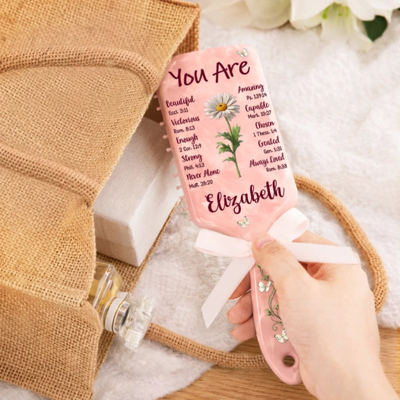 Custom Birth Month Flower Paddle Hair Brush - Personalized Affirmation Gifts For Women, Besties, Sisters, BFF - Gentle, Strong And Chosen