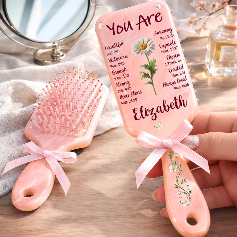 Custom Birth Month Flower Paddle Hair Brush - Personalized Affirmation Gifts For Women, Besties, Sisters, BFF - Gentle, Strong And Chosen