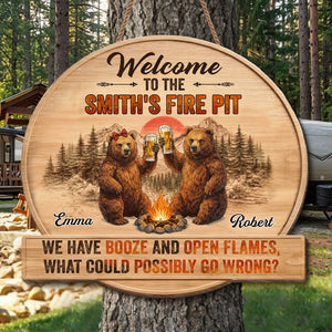Custom Shaped Home Decor Wood Sign - Personalized Anniversary Wedding Camping Gifts For Campers, Husband And Wife, Him And Her - Booze And Open Flames