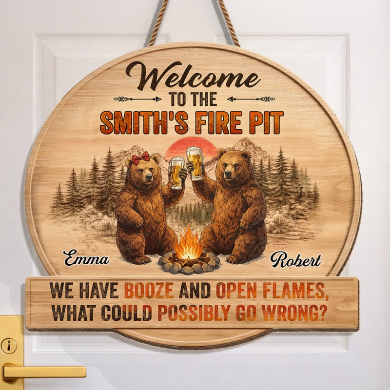 Custom Shaped Home Decor Wood Sign - Personalized Anniversary Wedding Camping Gifts For Campers, Husband And Wife, Him And Her - Booze And Open Flames