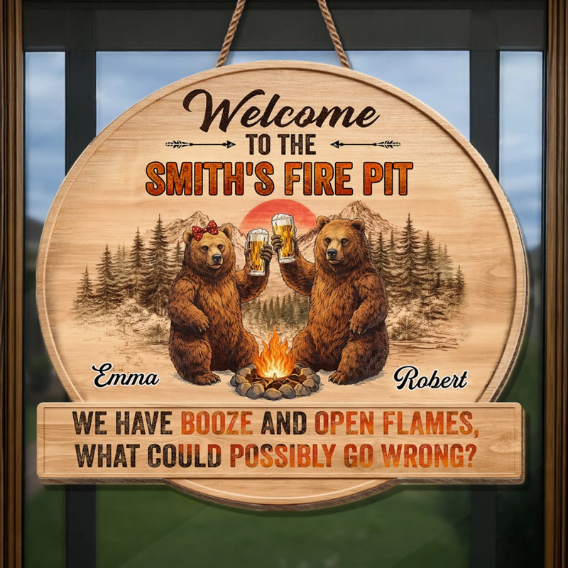 Custom Shaped Home Decor Wood Sign - Personalized Anniversary Wedding Camping Gifts For Campers, Husband And Wife, Him And Her - Booze And Open Flames