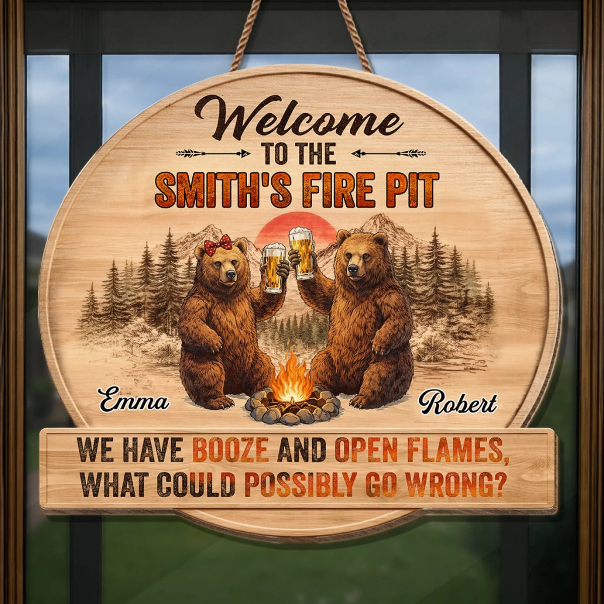 Custom Shaped Home Decor Wood Sign - Personalized Anniversary Wedding Camping Gifts For Campers, Husband And Wife, Him And Her - Booze And Open Flames