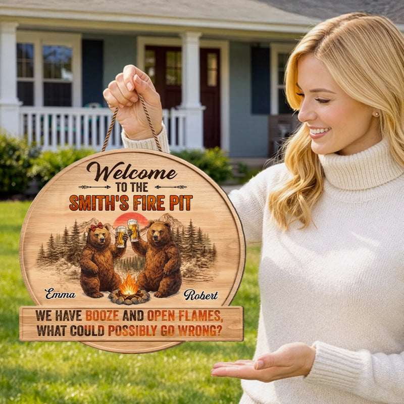 Custom Shaped Home Decor Wood Sign - Personalized Anniversary Wedding Camping Gifts For Campers, Husband And Wife, Him And Her - Booze And Open Flames