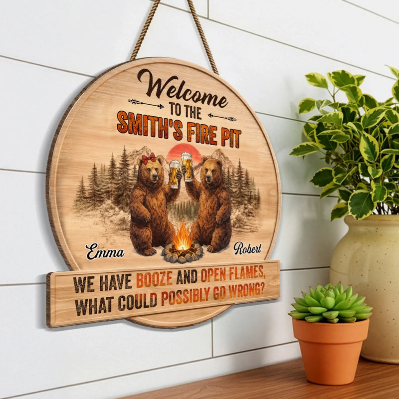 Custom Shaped Home Decor Wood Sign - Personalized Anniversary Wedding Camping Gifts For Campers, Husband And Wife, Him And Her - Booze And Open Flames