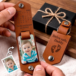 Custom Photo Engraved Leather Keychain - Personalized Baby Shower, Gender Reveal Gifts For New Moms, New Parents - Tiny Blessing Big Joy