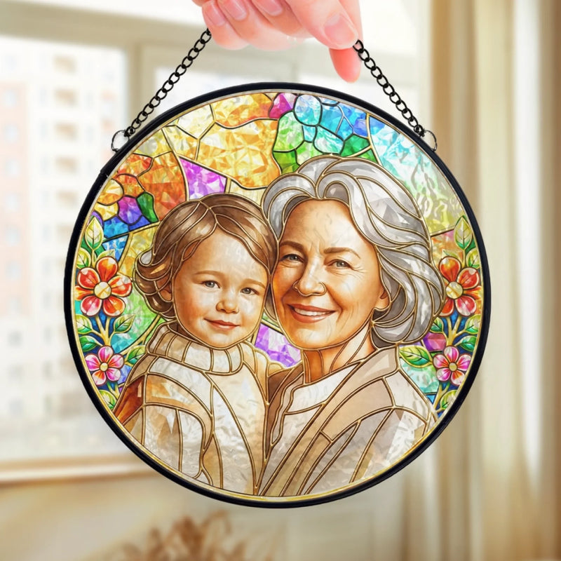 Custom Photo Stained Glass Window Hanging Suncatcher - Personalized Mother's Day Gifts For Mom, Grandma - Grandma’s Love, Forever Glowing