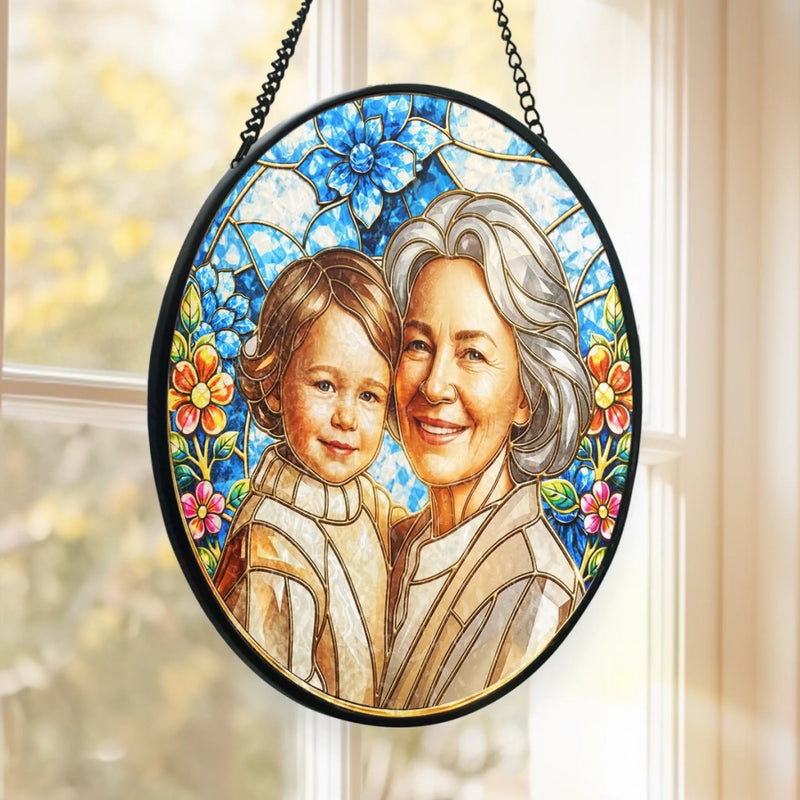 Custom Photo Stained Glass Window Hanging Suncatcher - Personalized Mother's Day Gifts For Mom, Grandma - Grandma’s Love, Forever Glowing