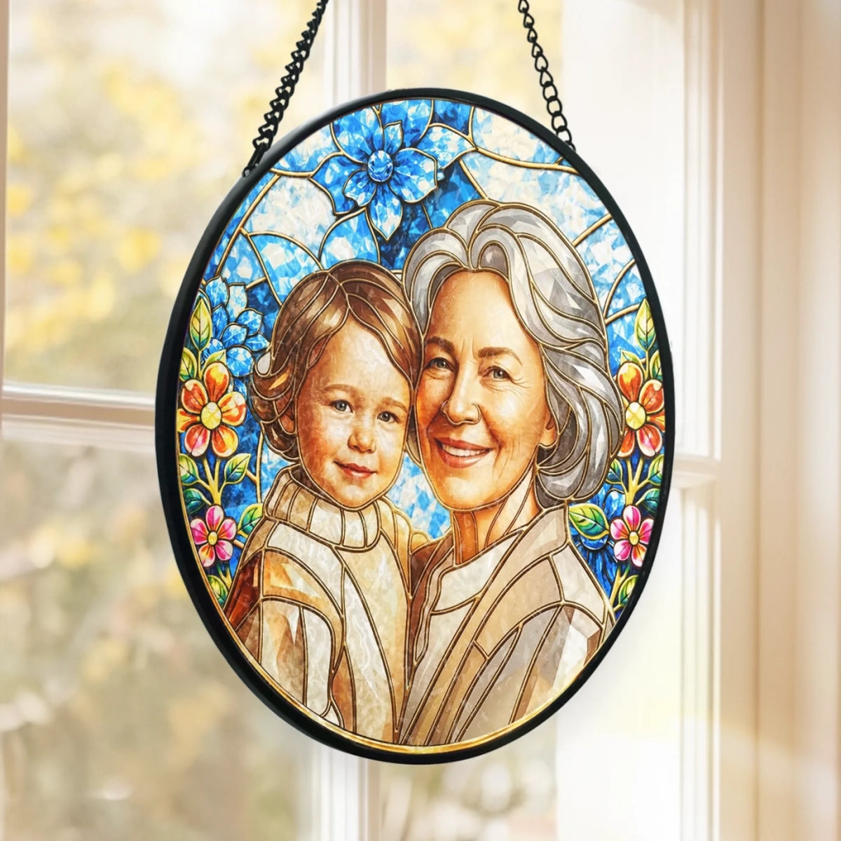 Custom Photo Stained Glass Window Hanging Suncatcher - Personalized Mother's Day Gifts For Mom, Grandma - Grandma’s Love, Forever Glowing