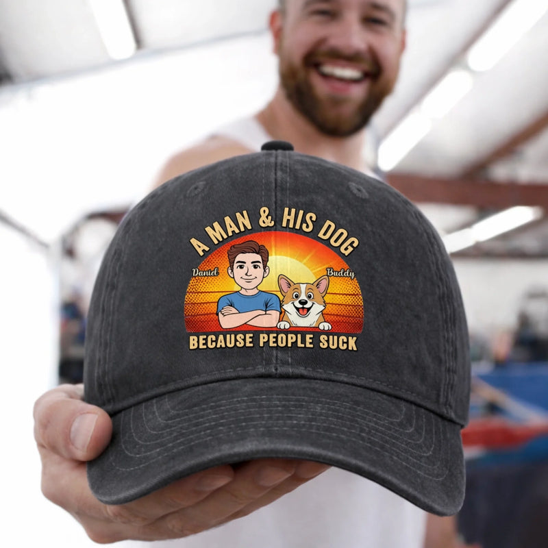 Custom Vintage Washed Denim Baseball Cap - Personalized Father's Day Birthday Gifts For Dog Lovers, Dog Dad And Mom - Peace Love Dogs