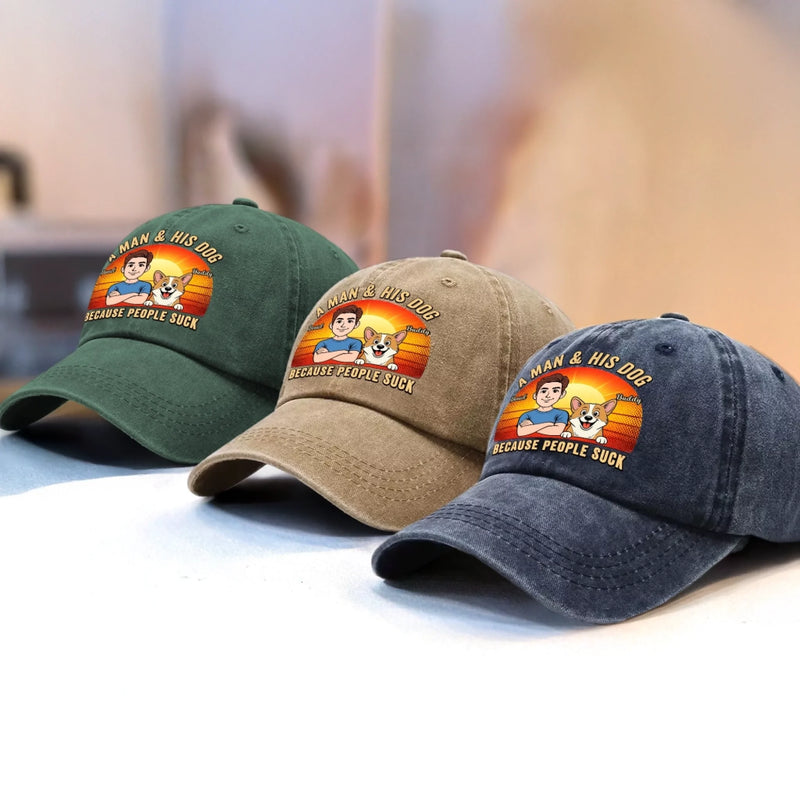Custom Vintage Washed Denim Baseball Cap - Personalized Father's Day Birthday Gifts For Dog Lovers, Dog Dad And Mom - Peace Love Dogs