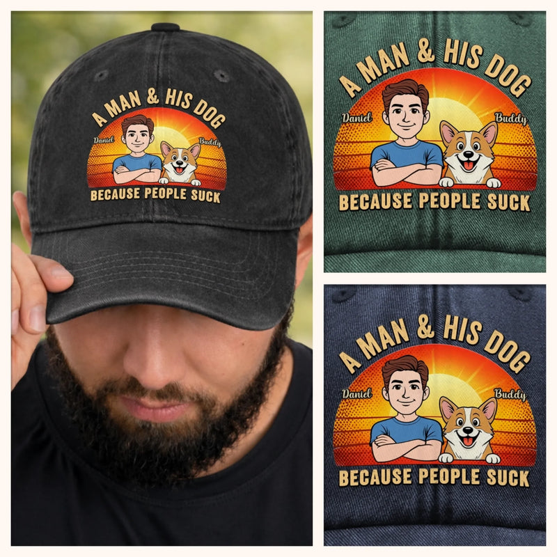 Custom Vintage Washed Denim Baseball Cap - Personalized Father's Day Birthday Gifts For Dog Lovers, Dog Dad And Mom - Peace Love Dogs