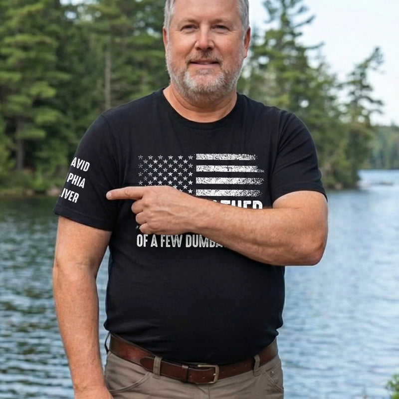 Custom Unisex T-Shirt With Design On Sleeve - Personalized Father's Day Birthday Gifts For Dad, Grandpa - Dad Leads With Love