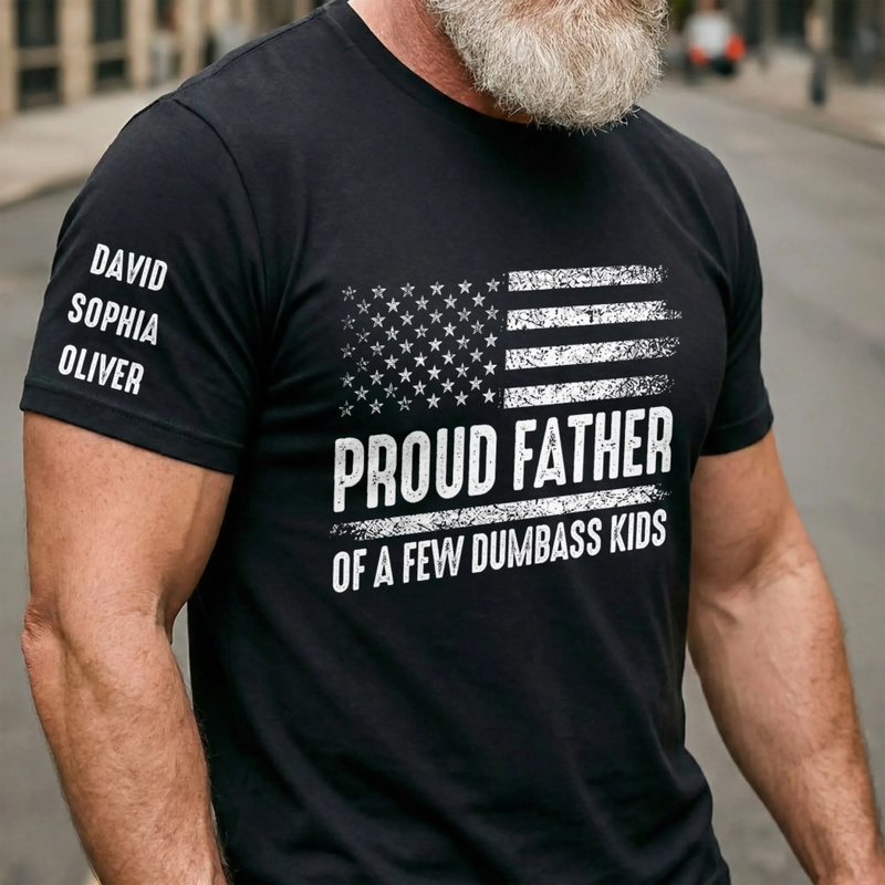 Custom Unisex T-Shirt With Design On Sleeve - Personalized Father's Day Birthday Gifts For Dad, Grandpa - Dad Leads With Love