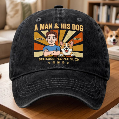 Custom Vintage Washed Denim Baseball Cap - Personalized Father's Day Birthday Gifts For Dog Lovers, Dog Dad And Mom - Dogs Make Me Happy