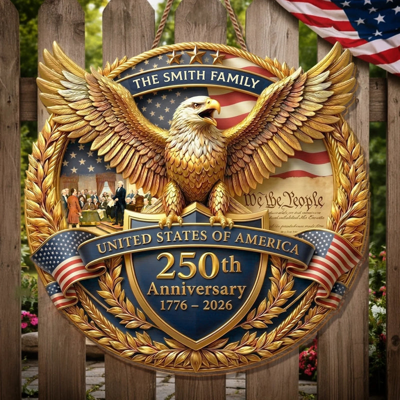 Custom Wood Sign - Personalized America 250th Anniversary Gifts For Mom, Dad, Brother, Sister, Kids - United In Strength And Hope