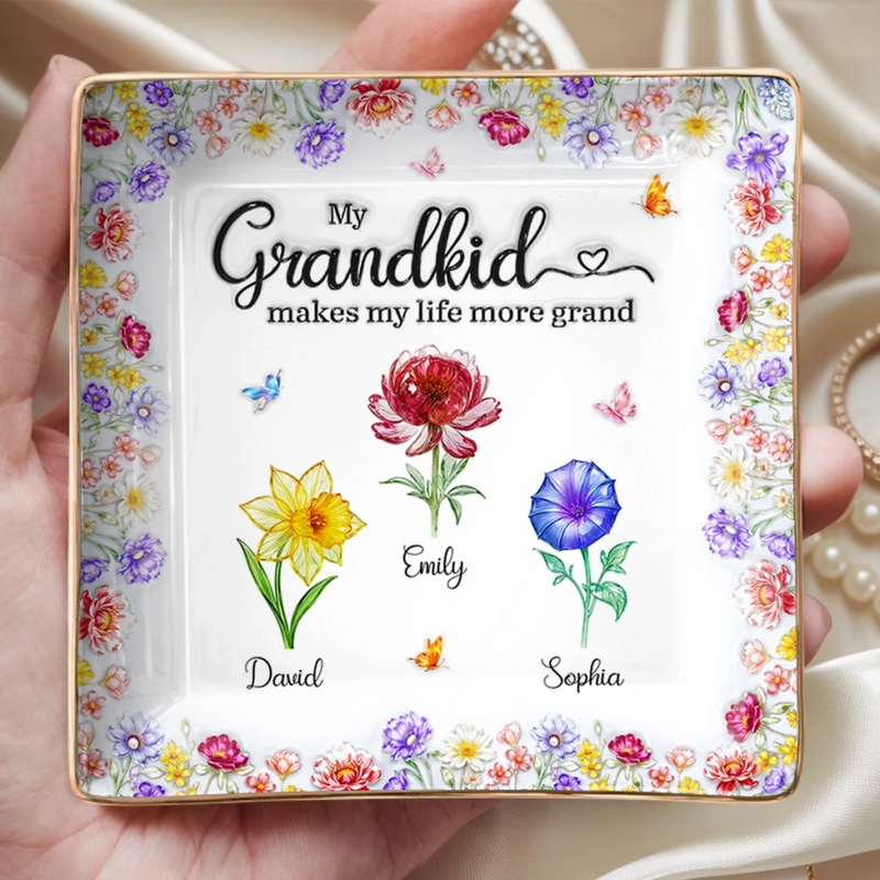Custom Full-Print Jewelry Dish - Personalized Mother's Day Birthday Gifts For Mom, Grandma - Flowers, Love And Grandkids