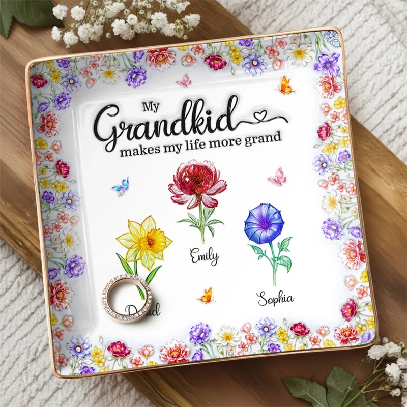 Custom Full-Print Jewelry Dish - Personalized Mother's Day Birthday Gifts For Mom, Grandma - Flowers, Love And Grandkids