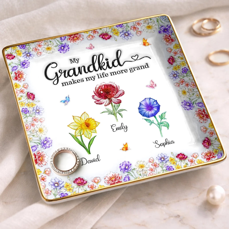 Custom Full-Print Jewelry Dish - Personalized Mother's Day Birthday Gifts For Mom, Grandma - Flowers, Love And Grandkids